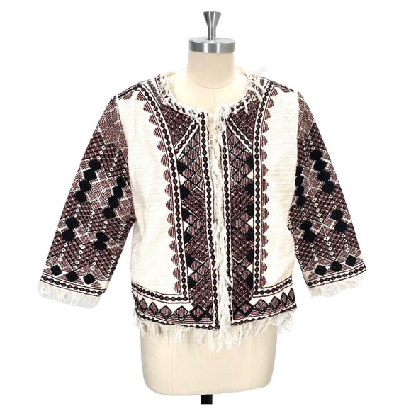 Boston Proper Beaded Fringe Open Front Aztec Blazer Jacket Size 16 Earthy Boho - Picture 3 of 14